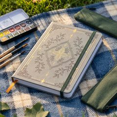 Sage gray A5 botanical gold foil notebook outdoors
