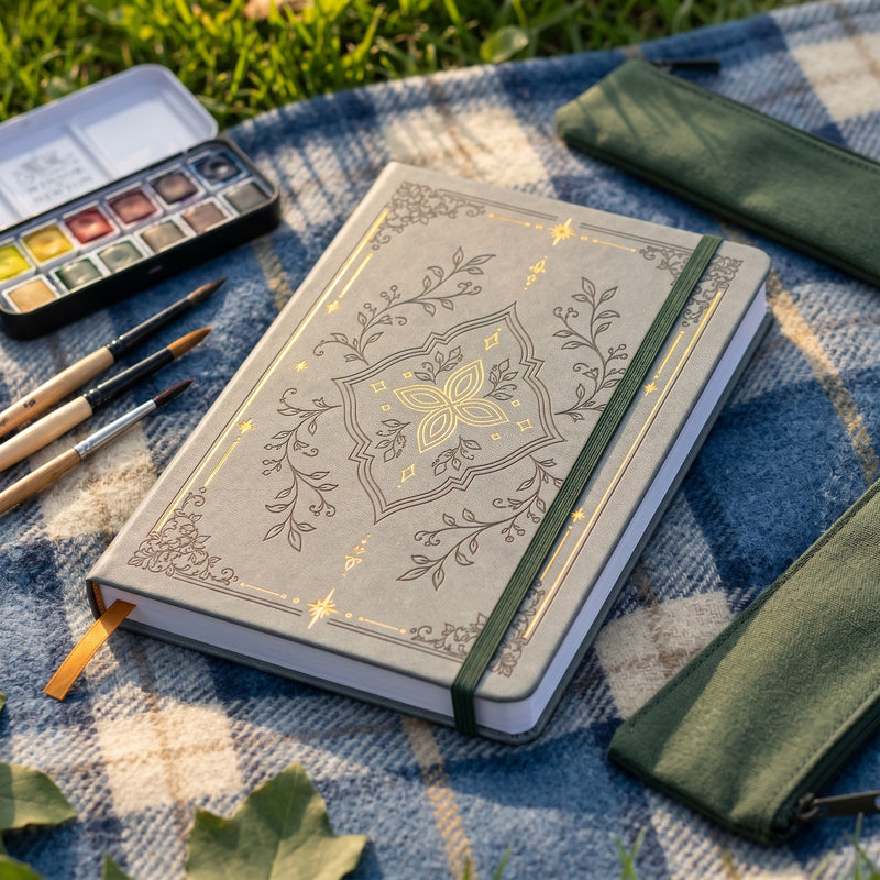 BUKE A5 Vintage Botanical Gold Foil Dot Grid Notebook – 160 GSM, 160 Numbered Pages-zoom-