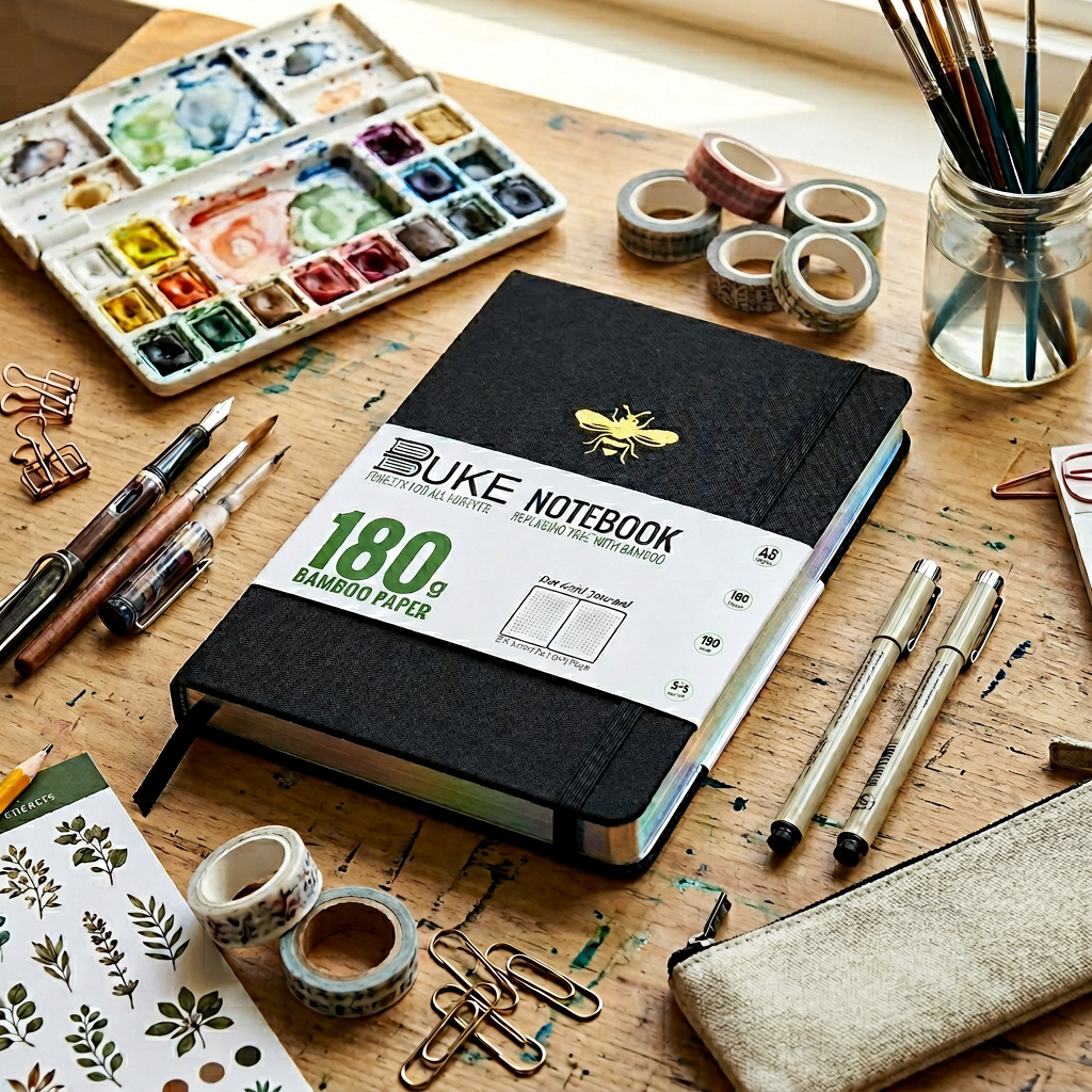 BUKE black fabric dot grid notebook with gold bee logo