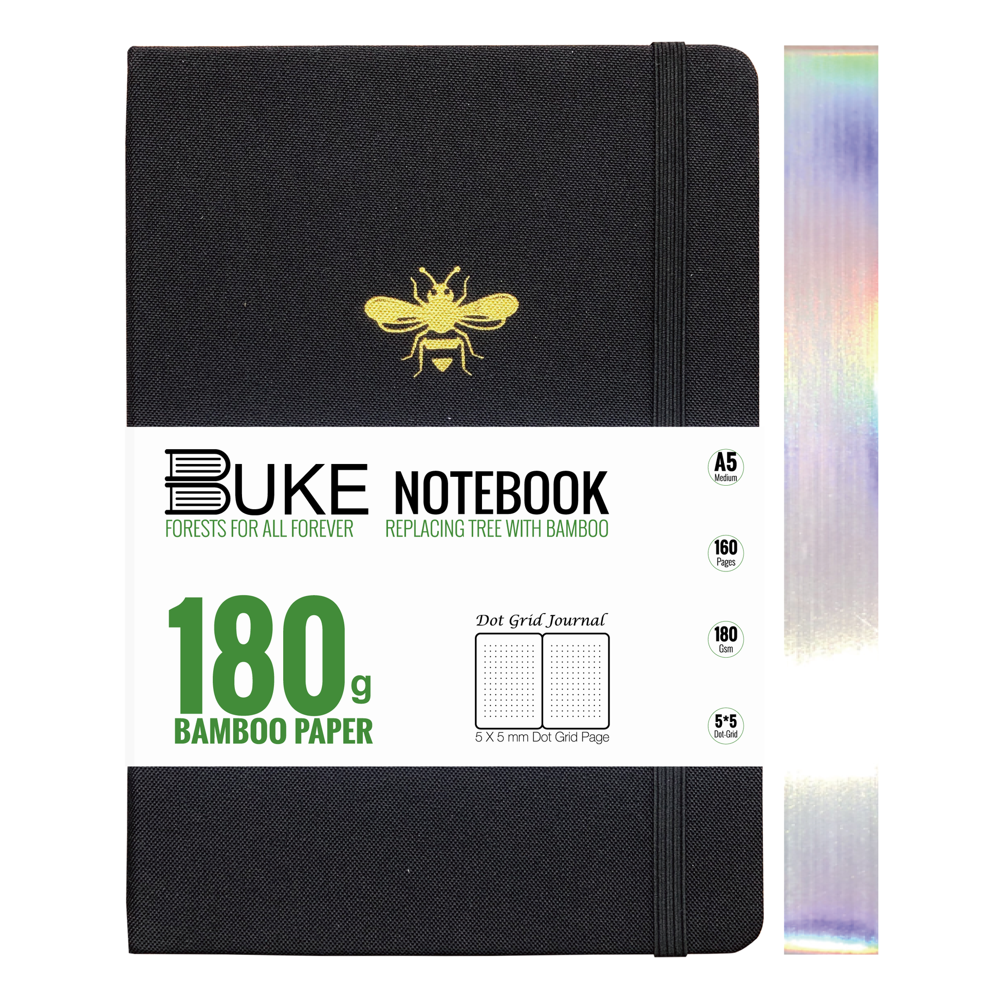 Close-up of gold bee logo on black fabric notebook cover