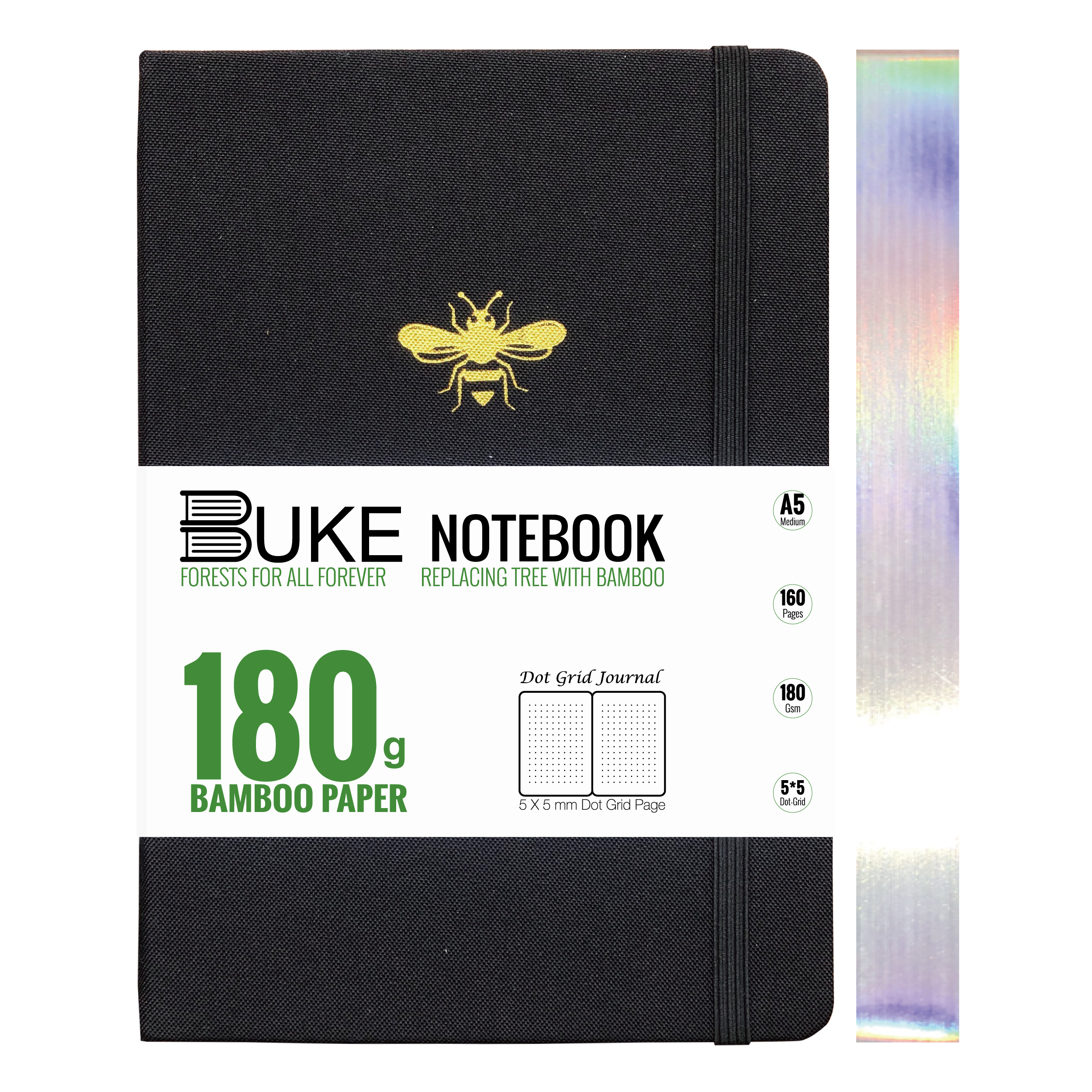 Close-up of gold bee logo on black fabric notebook cover