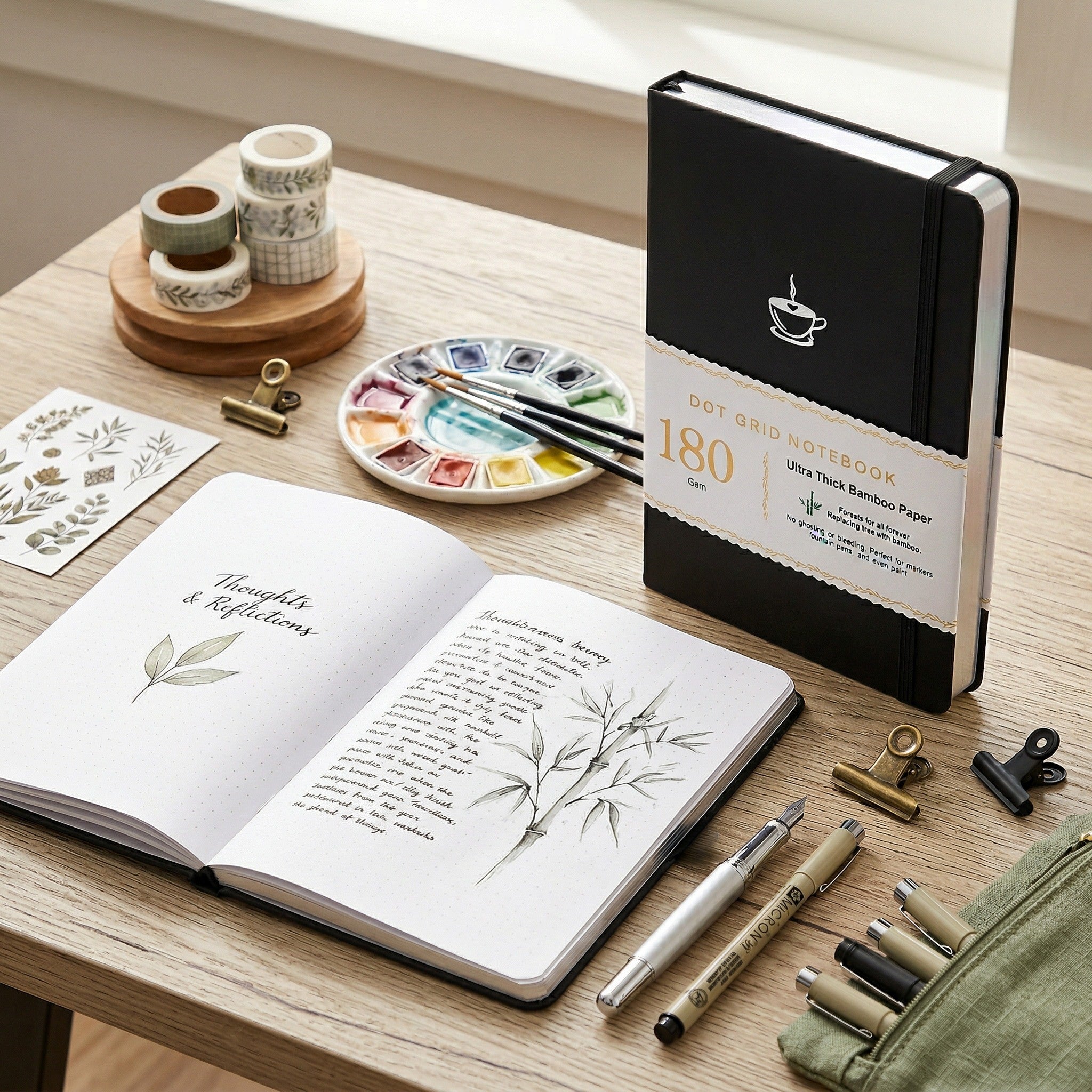 Black dot grid notebook with 180gsm white paper and silver edge