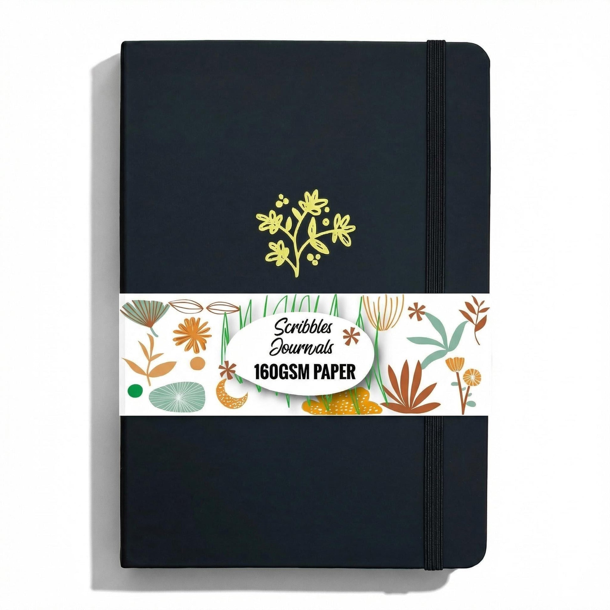 Black A5 dotted notebook with gold floral design on faux PU cover