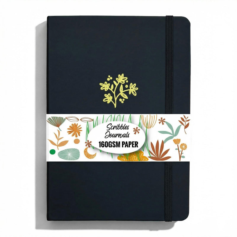 BUKE A5 Dotted Notebook Black PU Cover with Gold Floral Design-zoom-