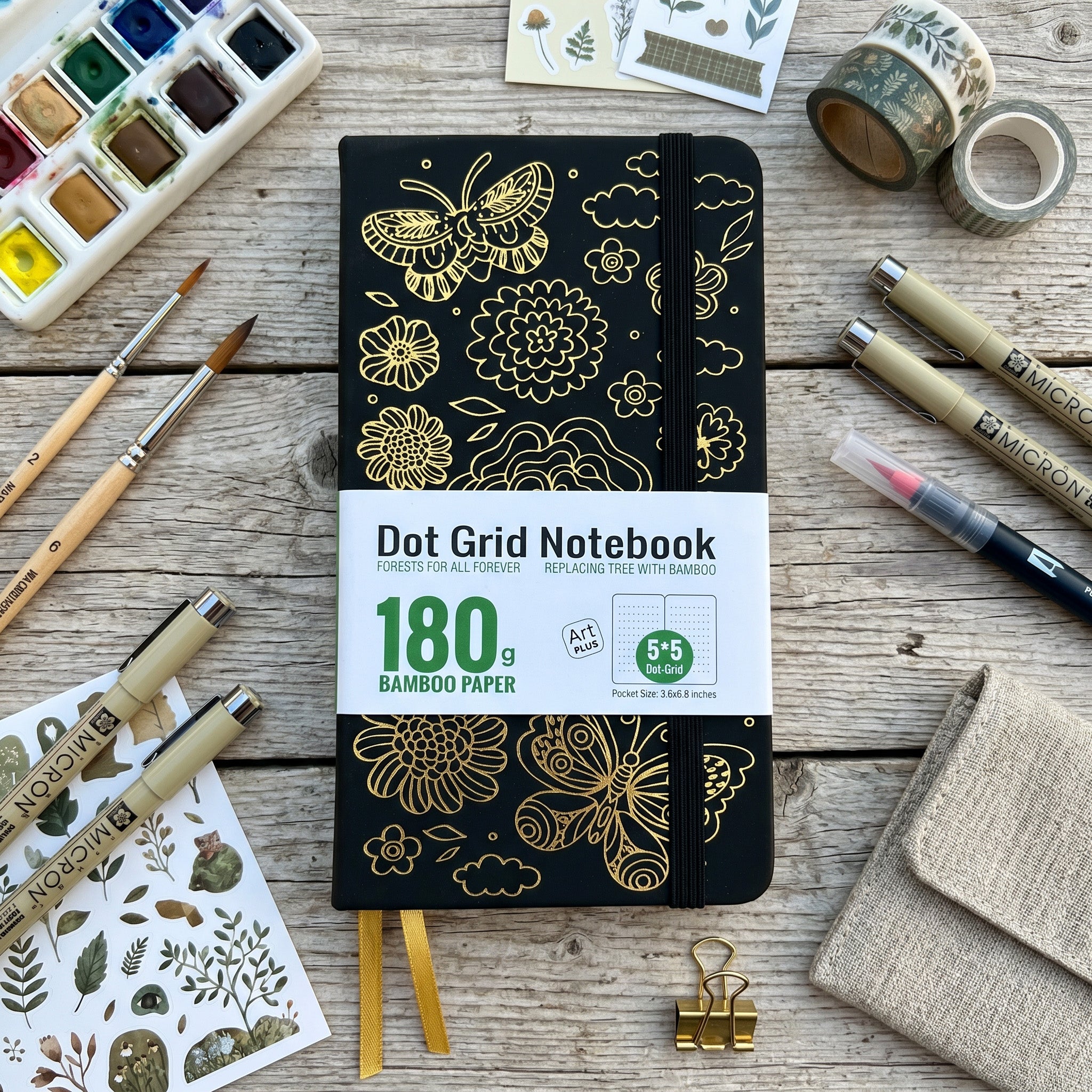 BUKE black B6 dot grid notebook with faux PU leather cover and gold butterfly floral design