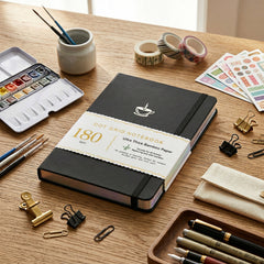 BUKE black A5 dot grid notebook with coffee cup cover design