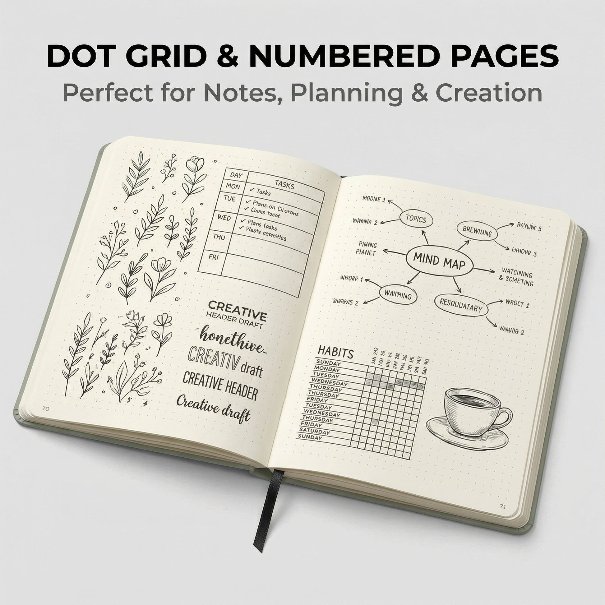 Elegant black dot grid notebook shown in clean product flat lay