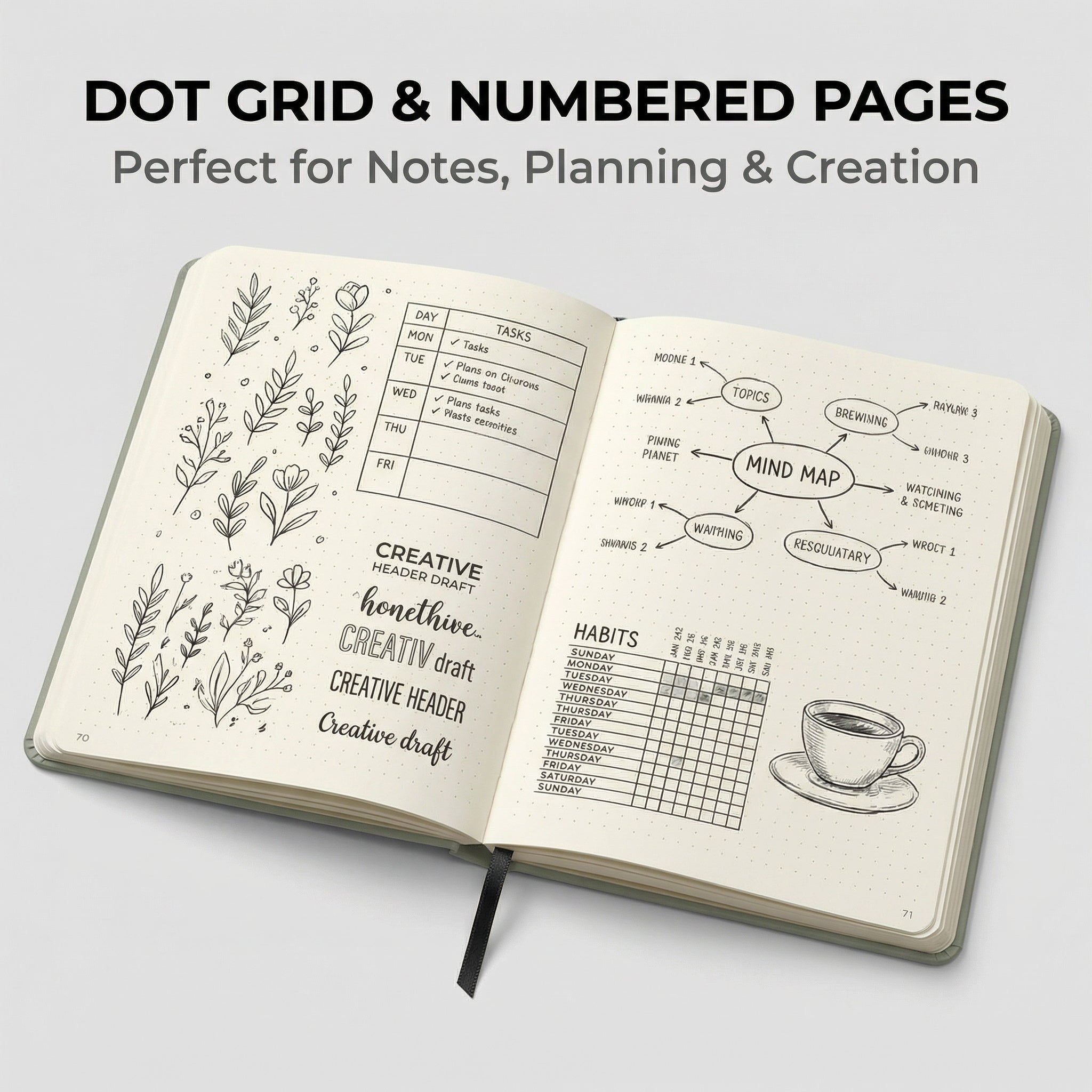 Elegant black dot grid notebook shown in clean product flat lay