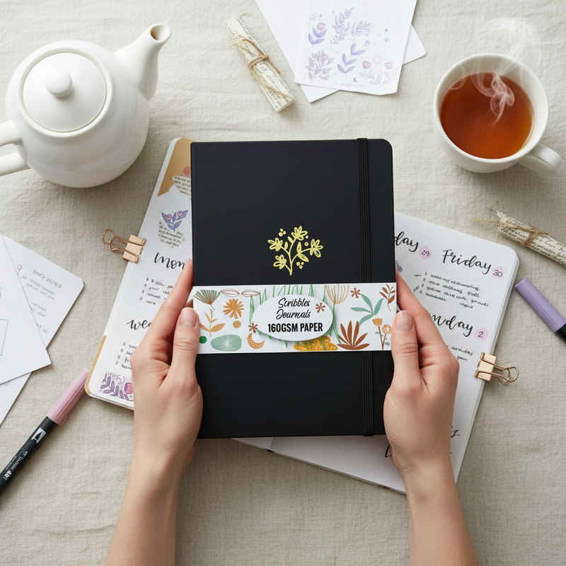BUKE A5 Dotted Notebook Black PU Cover with Gold Floral Design-zoom-