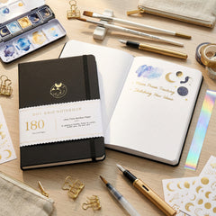 Black faux PU leather notebook with sleeping cat and crescent moon motif