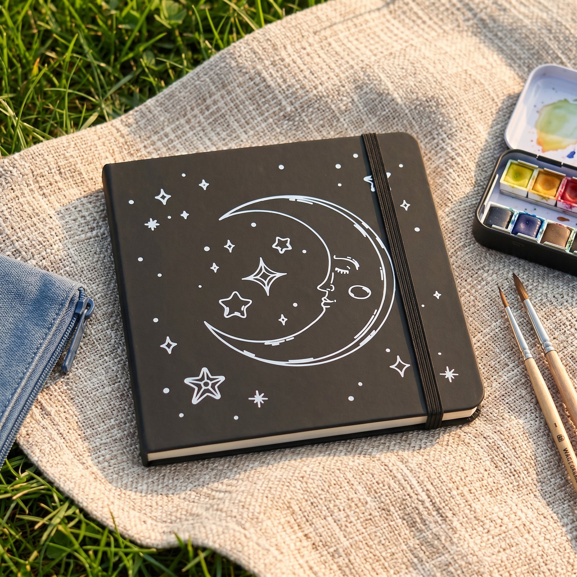 Premium black dot grid notebook with elastic band and ribbon bookmark