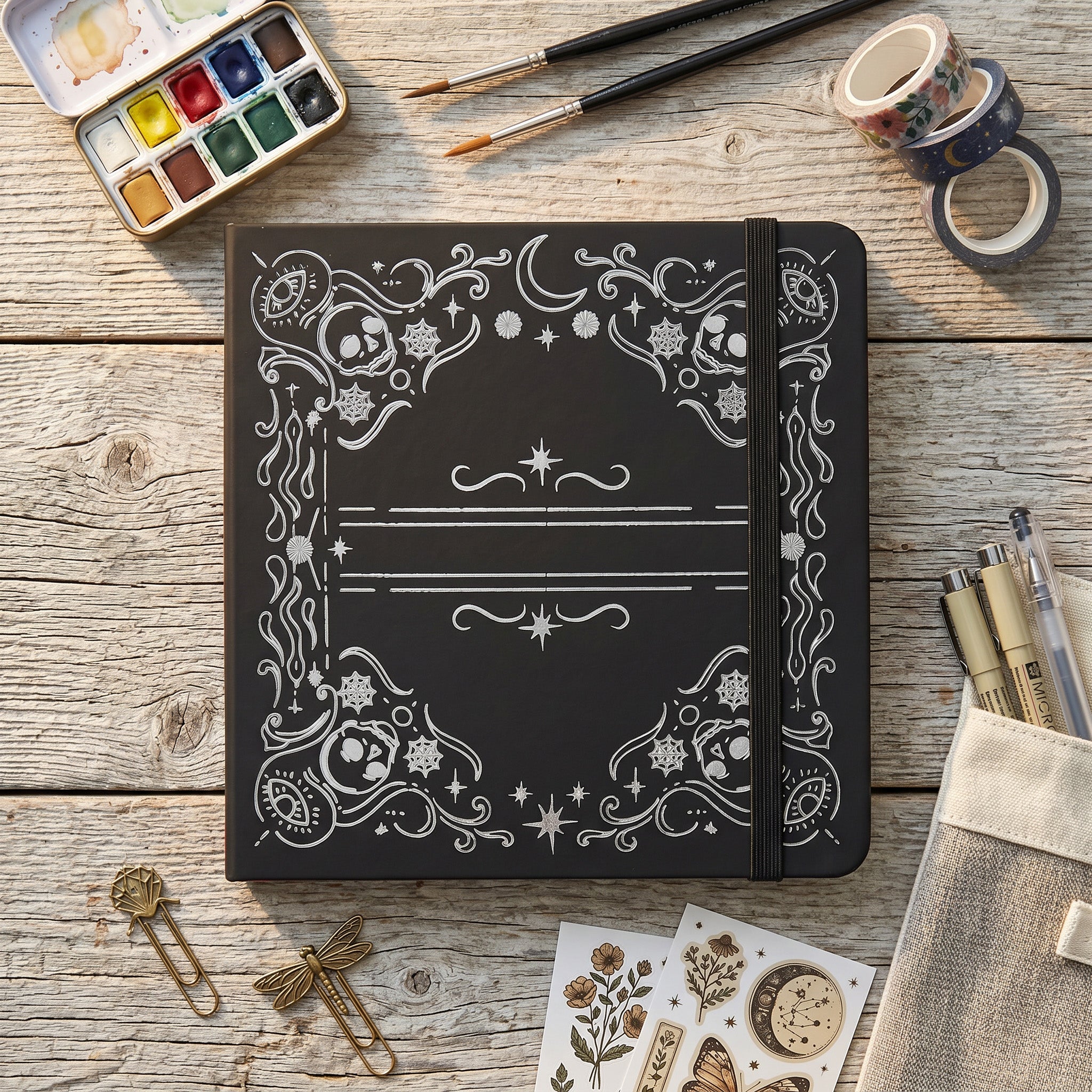 BUKE black square dot grid notebook with silver gothic frame cover design