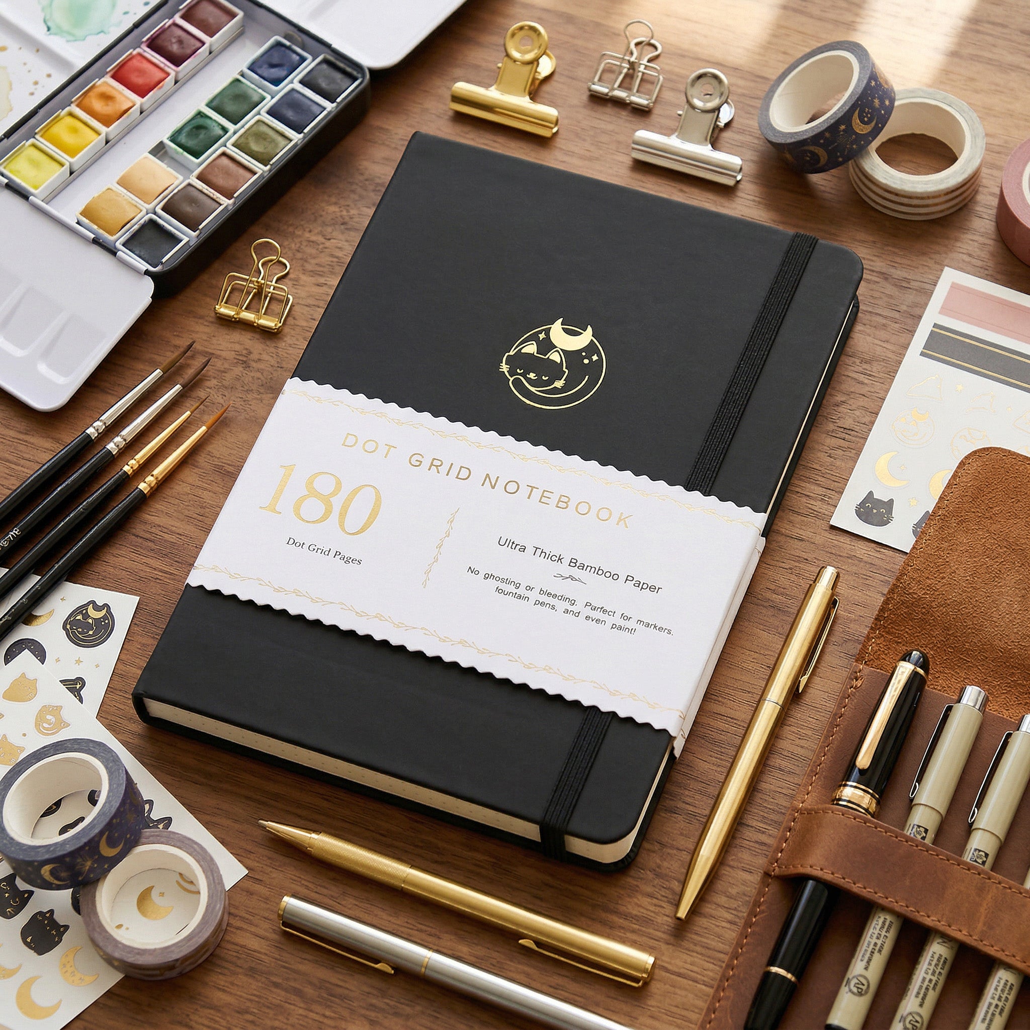 BUKE black A5 dot grid notebook with moon cat gold foil cover design