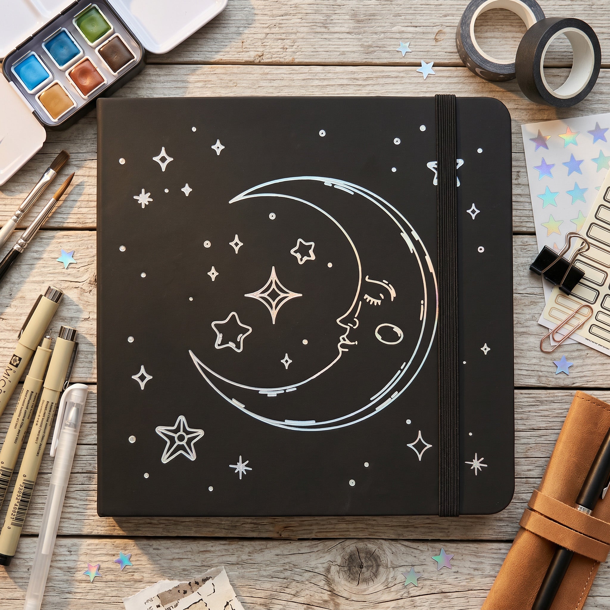 Black square dot grid notebook with silver moon face cover design