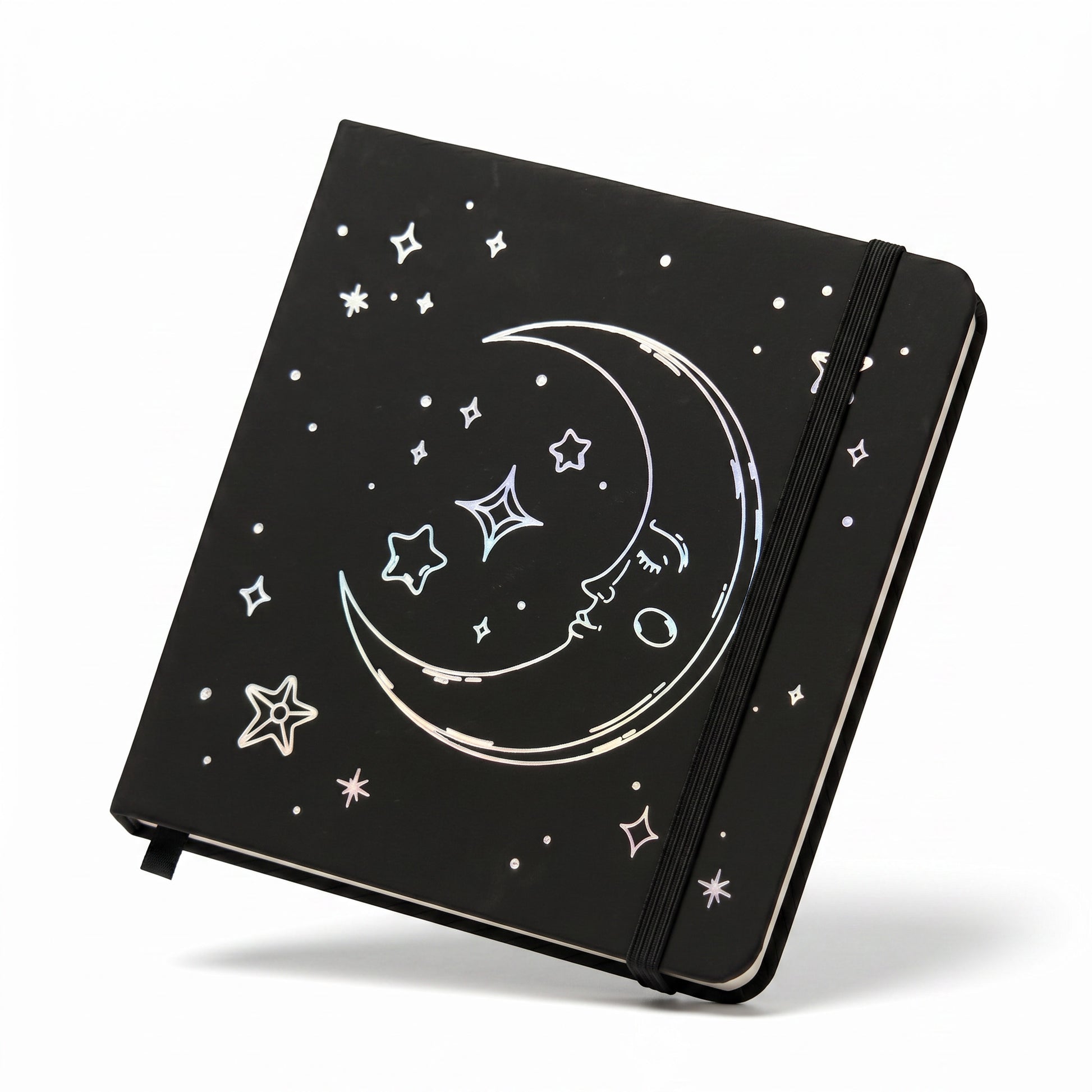 BUKE black faux PU leather notebook with celestial moon face artwork