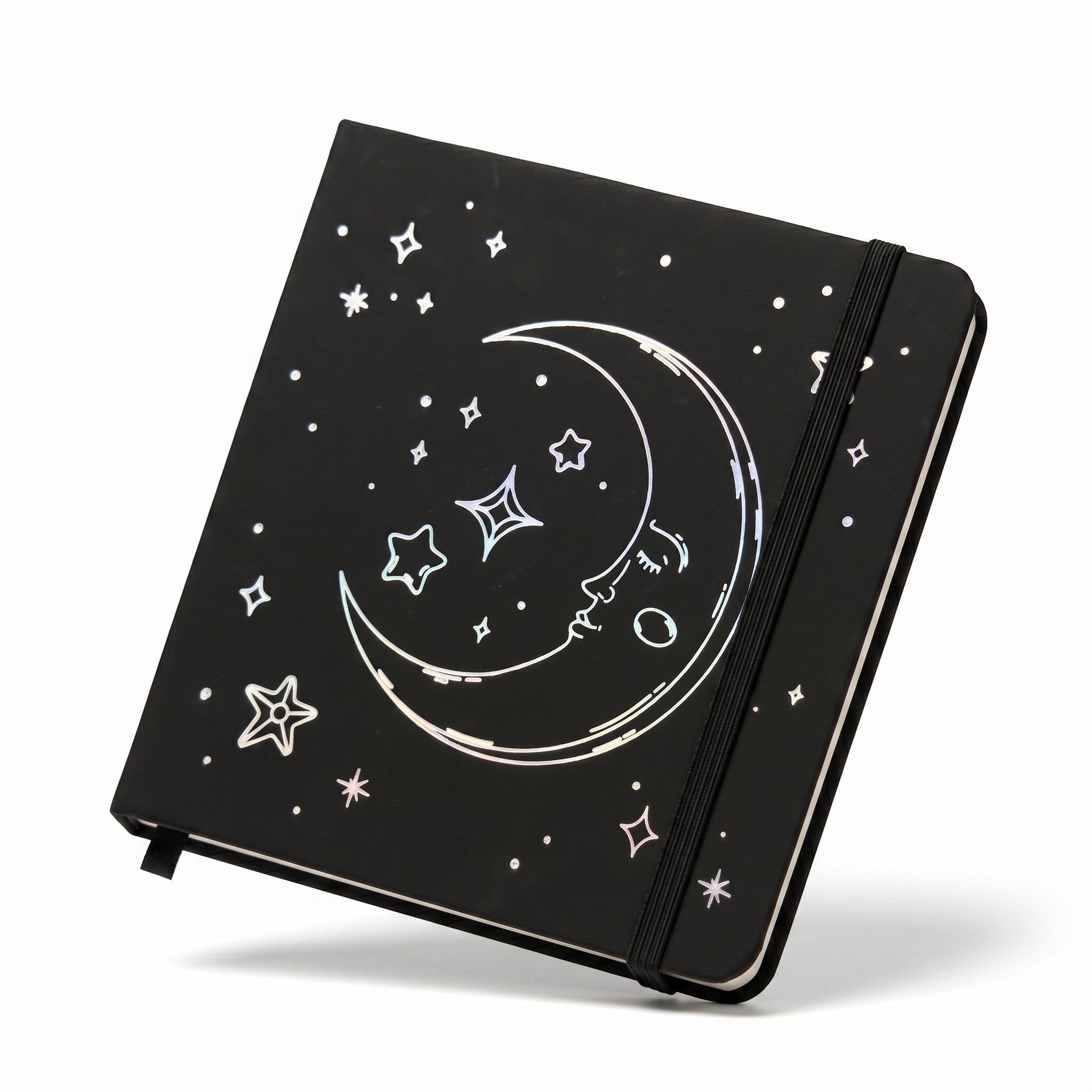 BUKE black faux PU leather notebook with celestial moon face artwork