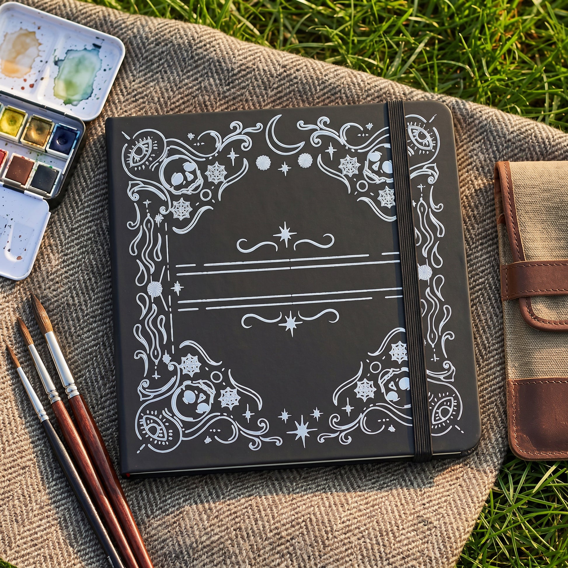 Angled view of BUKE black gothic dot grid notebook with elastic band