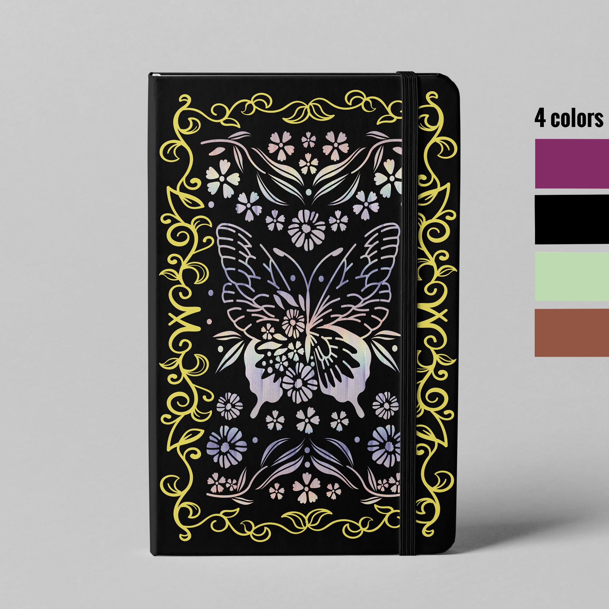 Black BUKE butterfly holographic dot grid notebook with floral border cover
