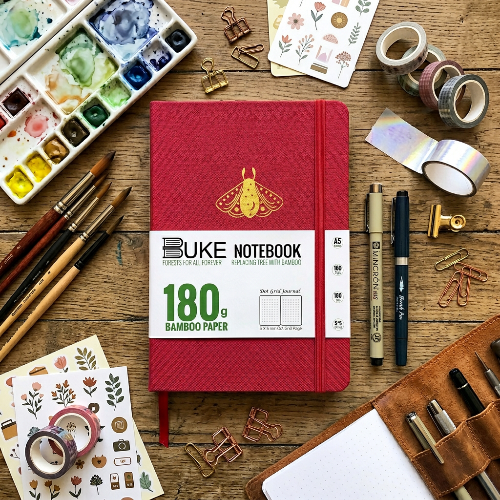 BUKE crimson red fabric dot grid notebook with gold moth logo