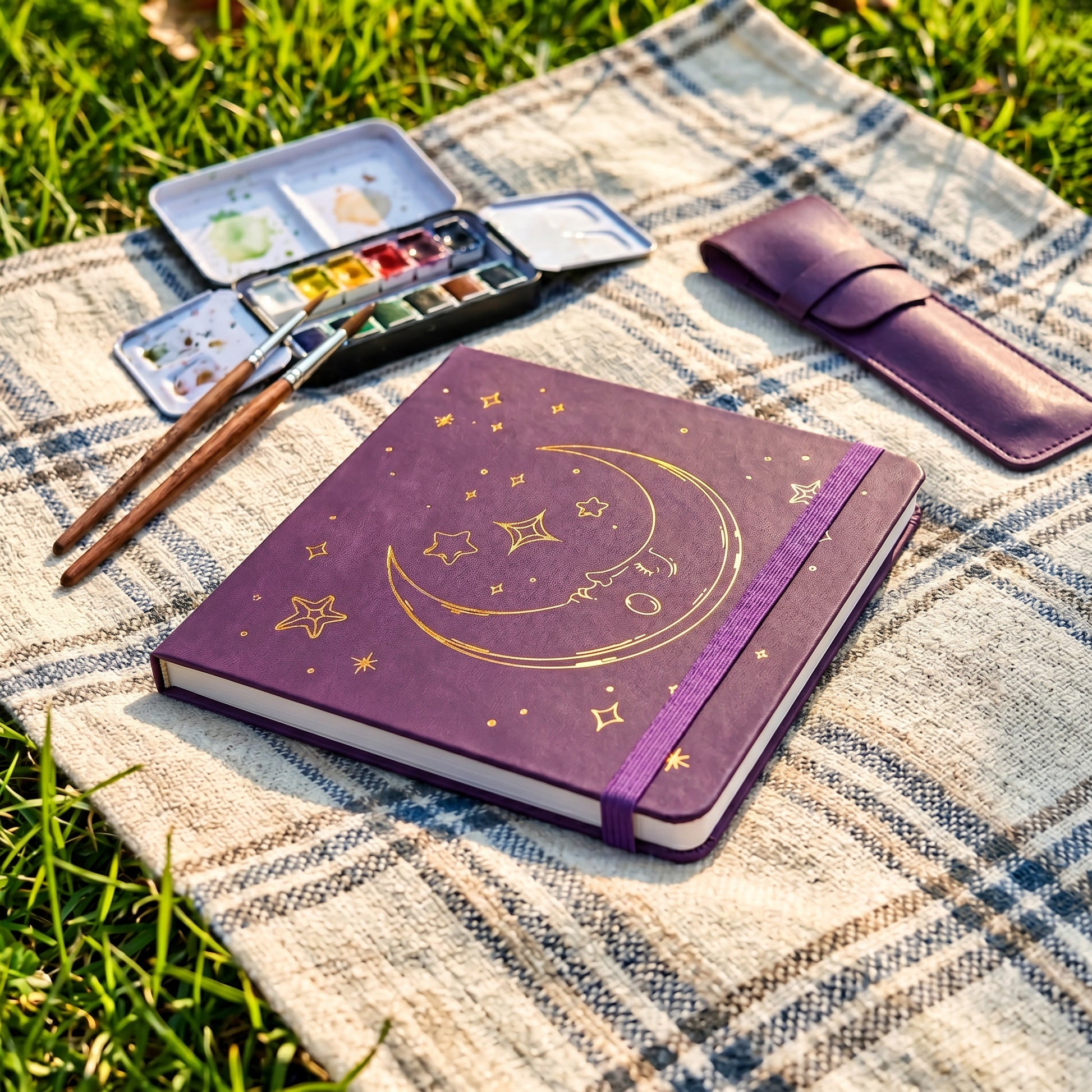 Deep purple square journal with rose gold stars and moon face illustration