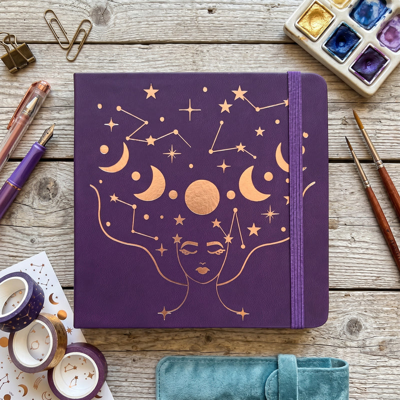 BUKE Deep Purple Celestial Face Square Dot Grid Notebook Faux PU Leather Cover-zoom-