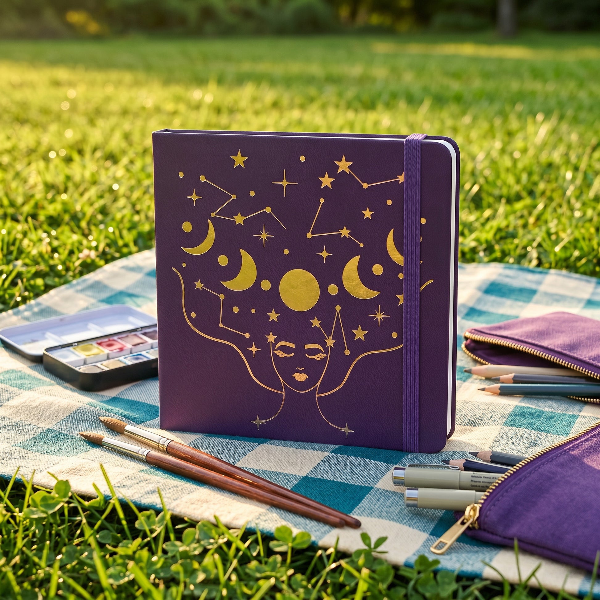 BUKE deep purple dot grid notebook with decorative celestial face artwork