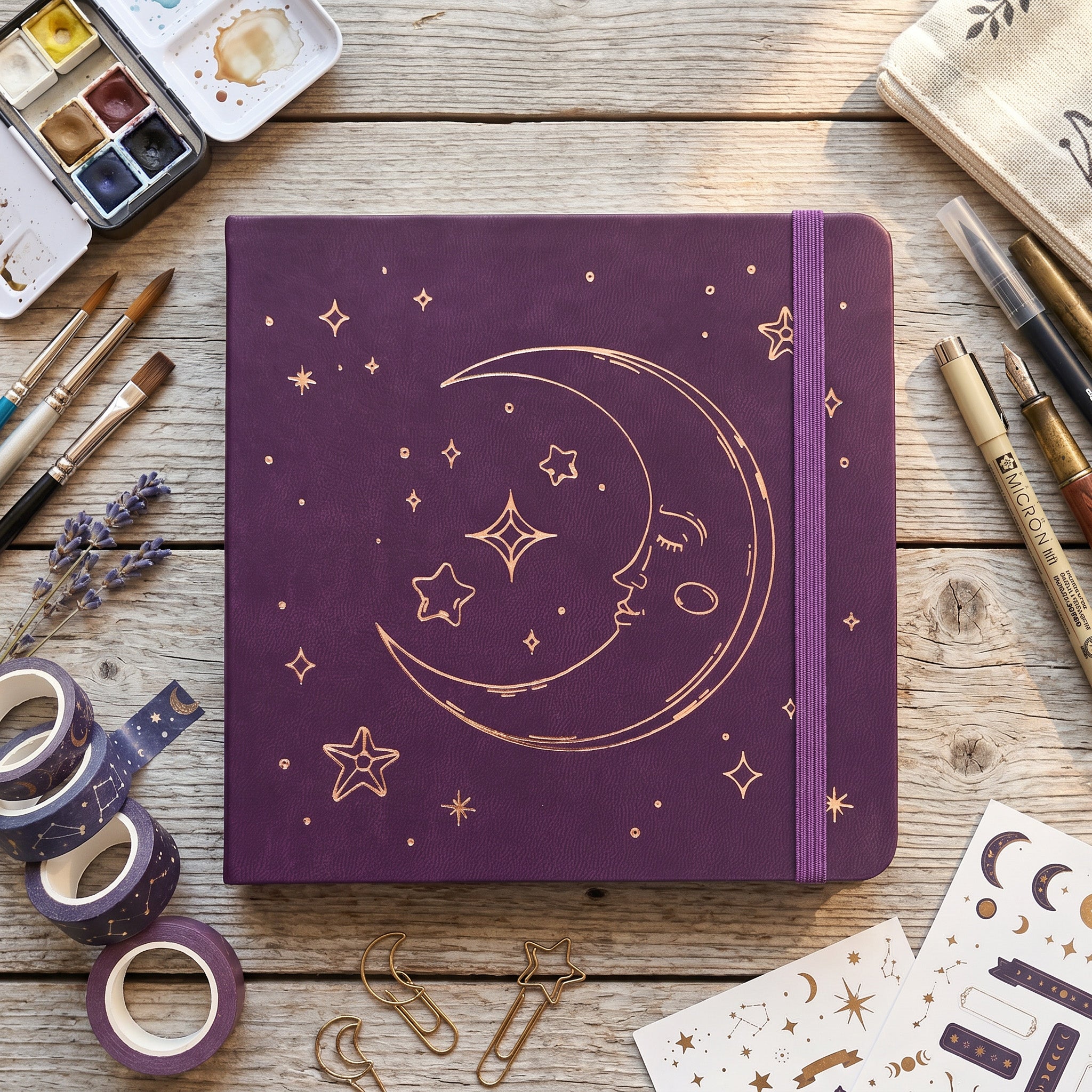 Deep purple square dot grid notebook with rose gold moon face cover design