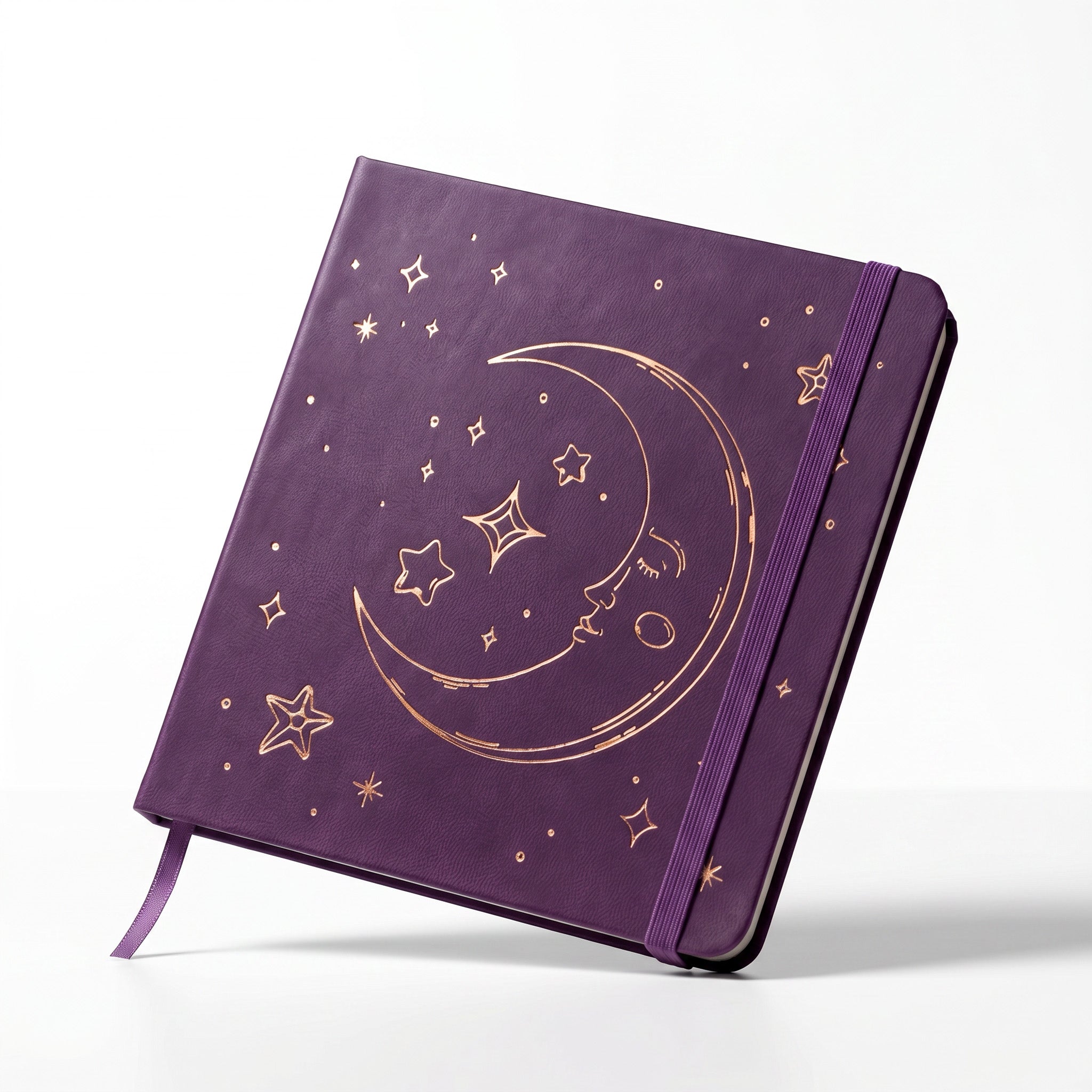 BUKE deep purple faux PU leather notebook with celestial moon face artwork