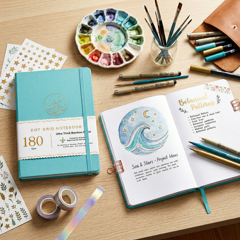BUKE Sky Blue Ocean Moon A5 Dot Grid Notebook Faux PU Leather Cover-zoom-