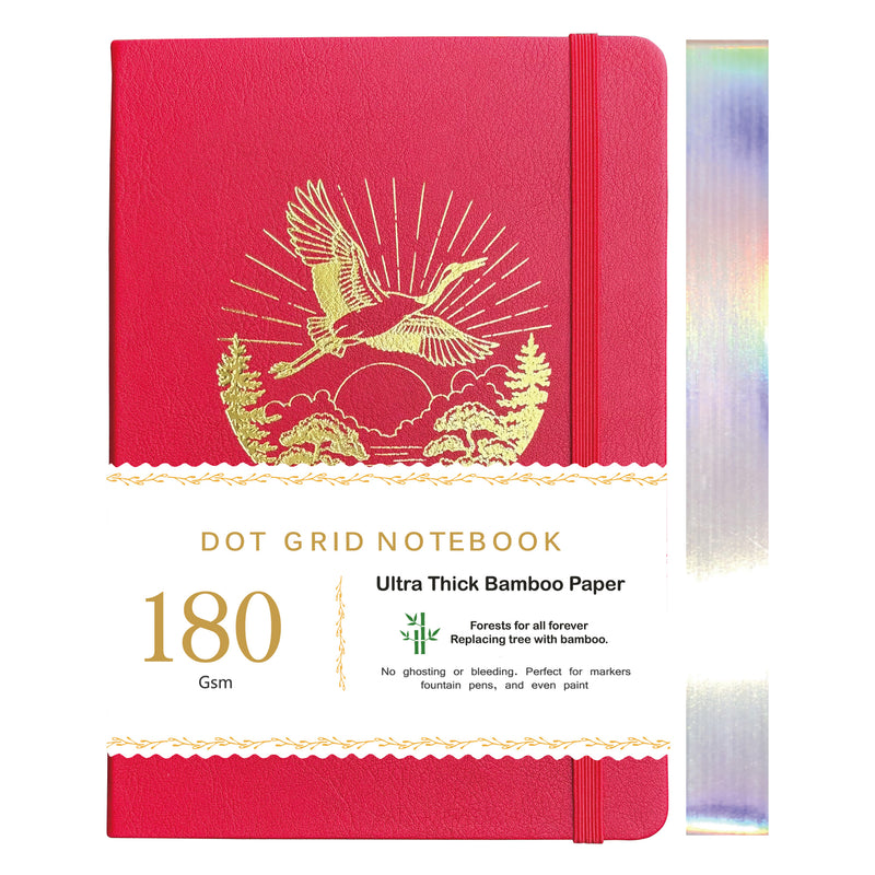 BUKE Red Flying Crane A5 Dot Grid Notebook Faux PU Leather Cover-zoom-