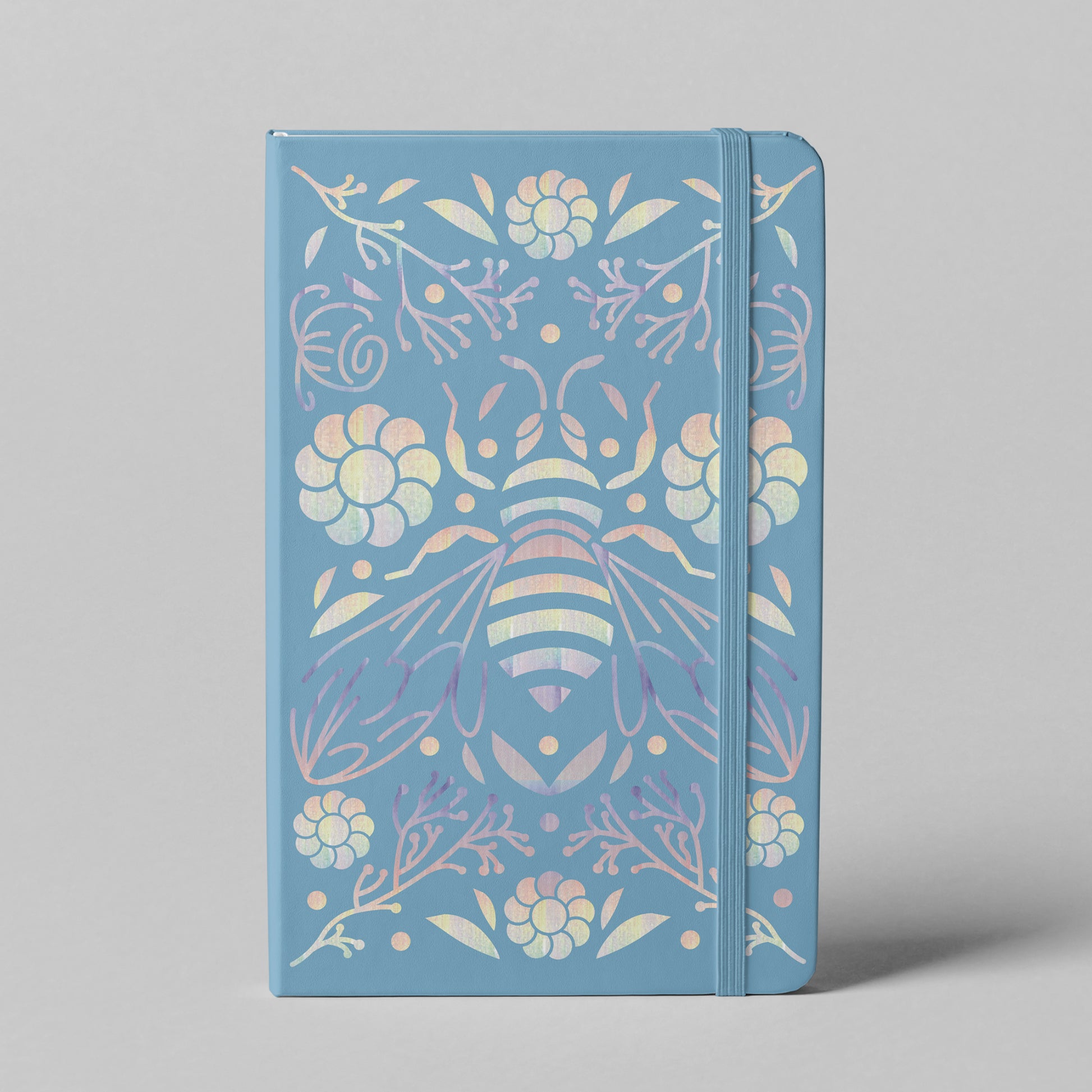 Lavender bee floral iridescent notebook with matching elastic band