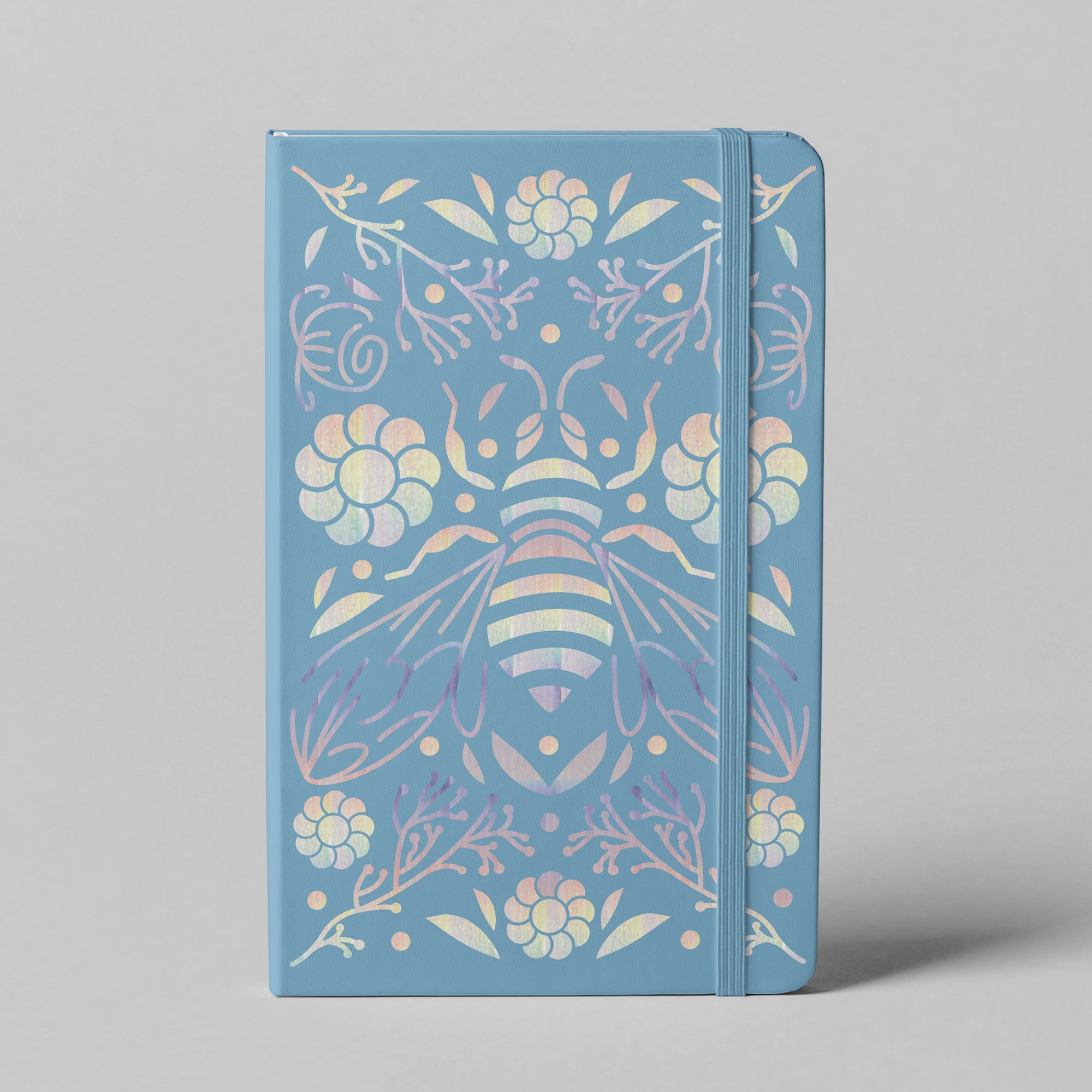 Lavender bee floral iridescent notebook with matching elastic band