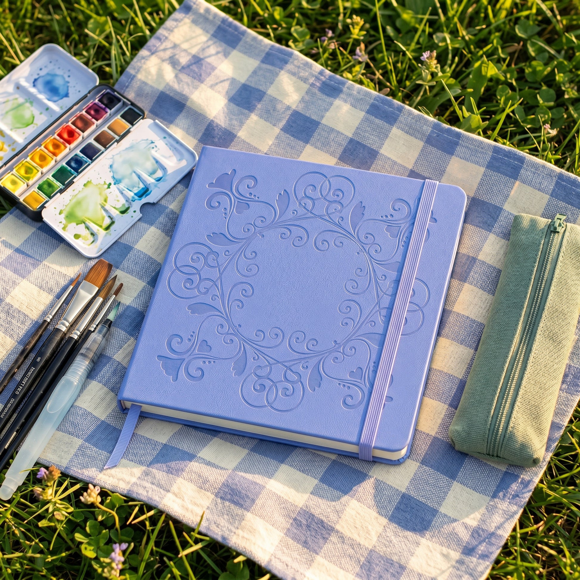 Angled view of light blue square dot grid notebook with elastic band and ribbon bookmark