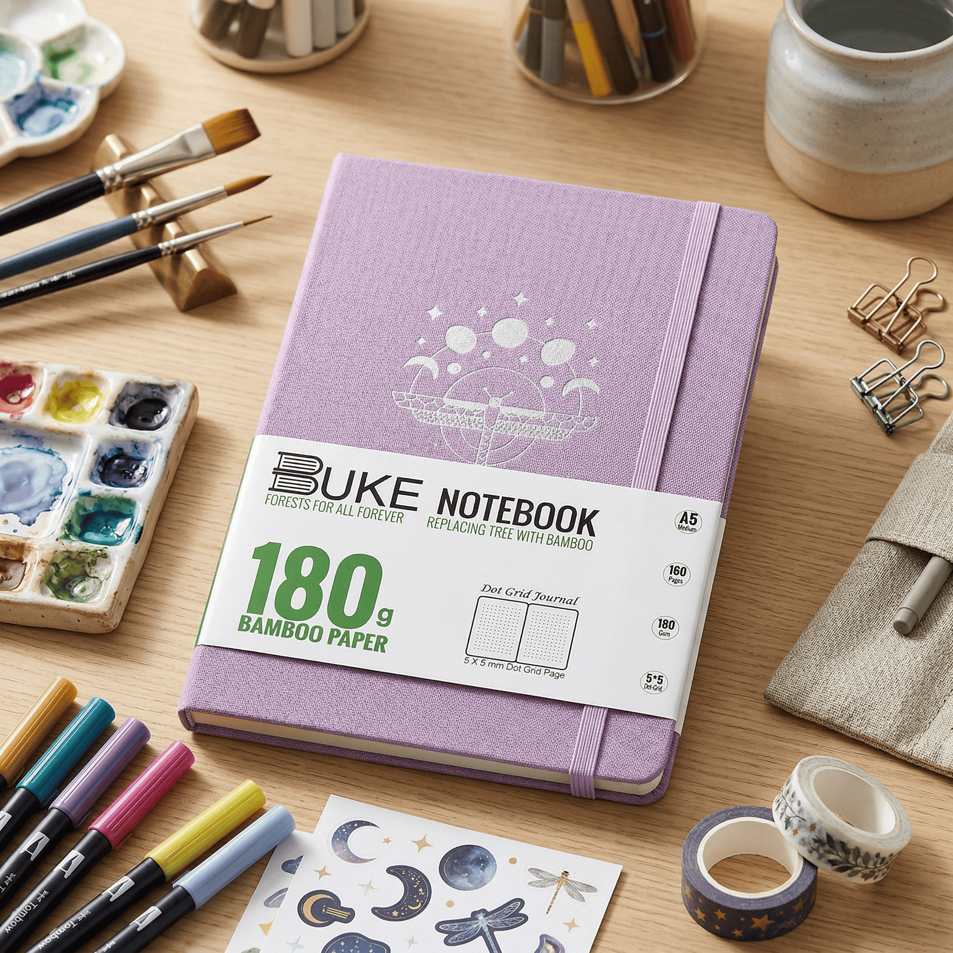 BUKE lilac fabric dot grid notebook with silver celestial dragonfly logo