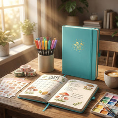 Close-up of PU hardcover and elastic closure on mushroom notebook