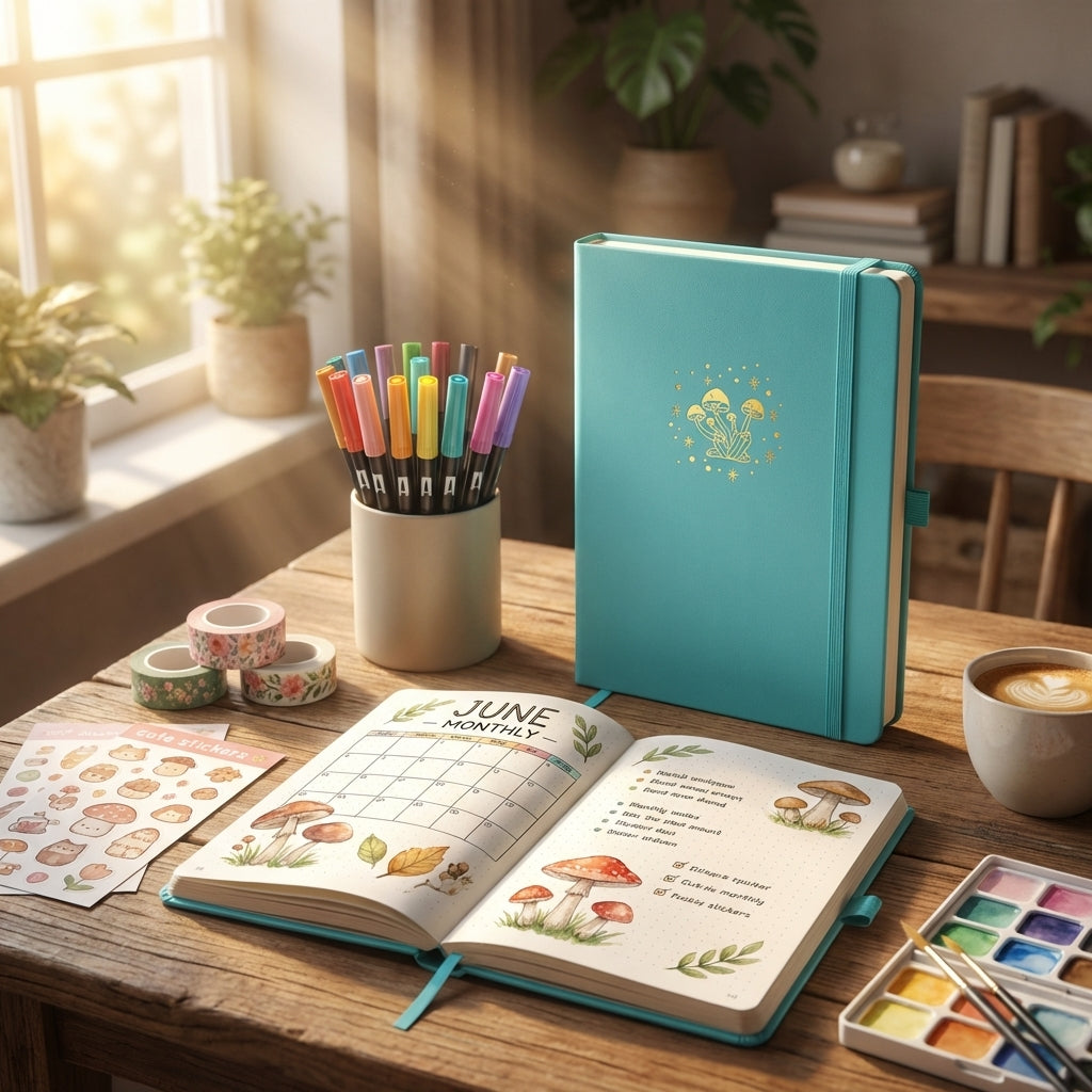 Close-up of PU hardcover and elastic closure on mushroom notebook