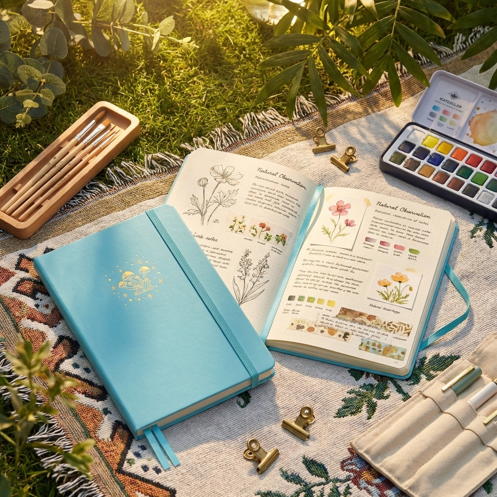 BUKE mushroom journal used outdoors for creative journaling