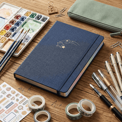 A5 fabric cover notebook with gold celestial shooting star design