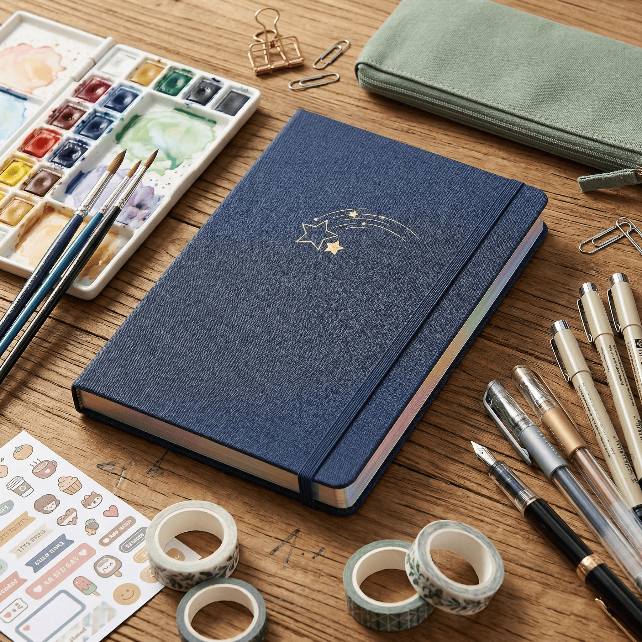 A5 fabric cover notebook with gold celestial shooting star design