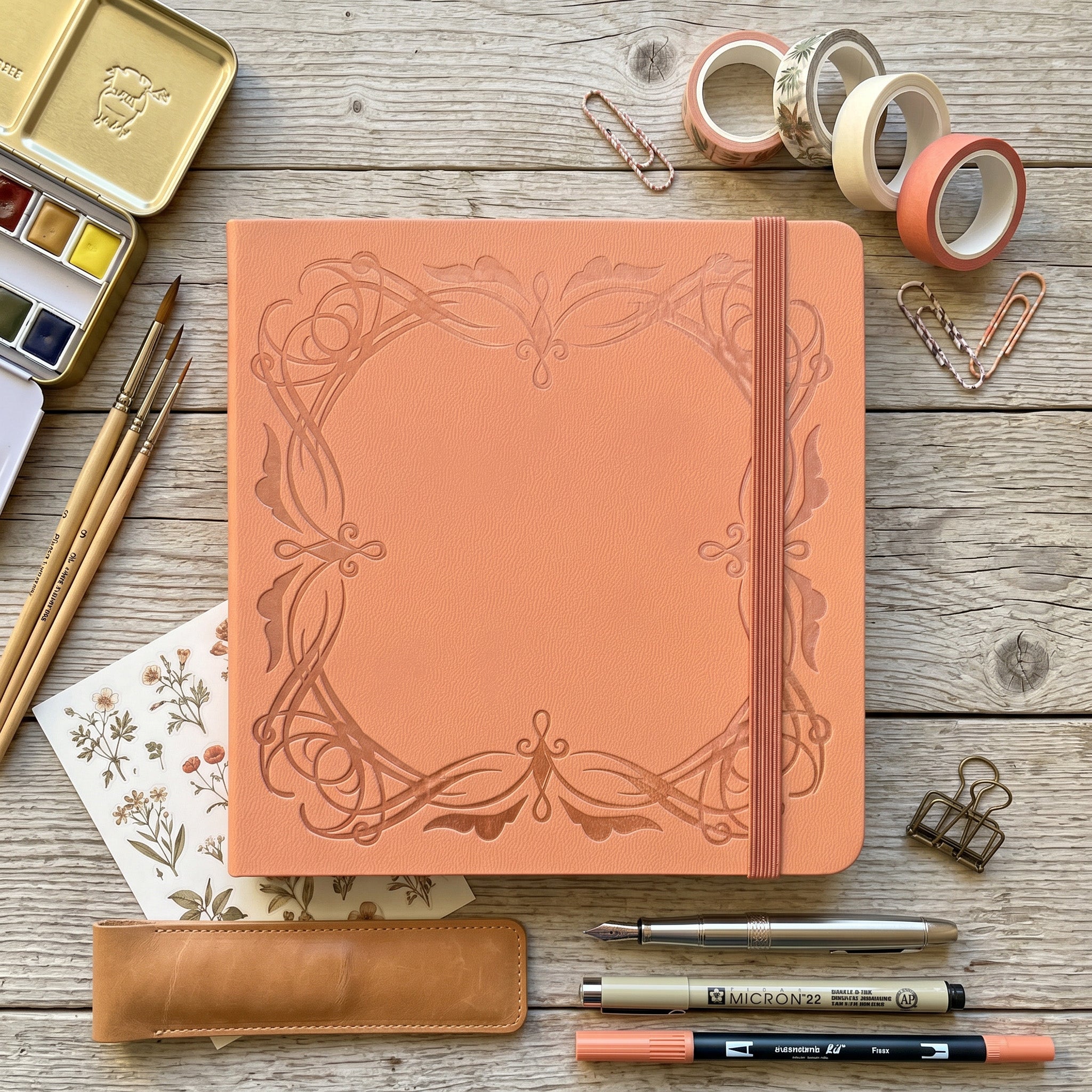 BUKE peach square dot grid notebook with embossed floral frame cover