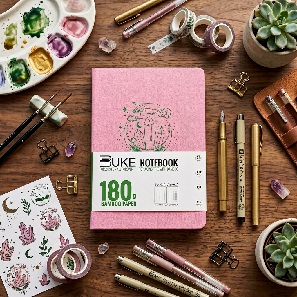 BUKE pink fabric dot grid notebook with crystal moon logo