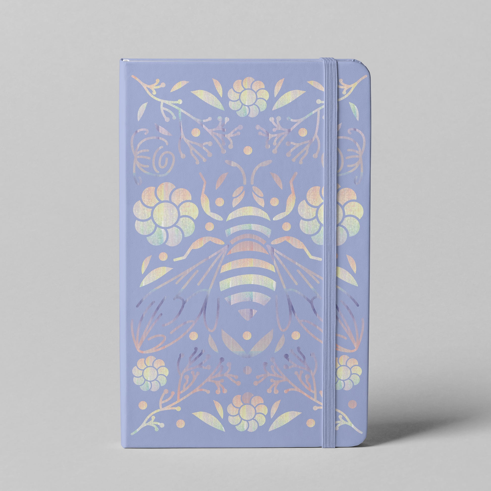 Purple bee holographic hardcover notebook with botanical design