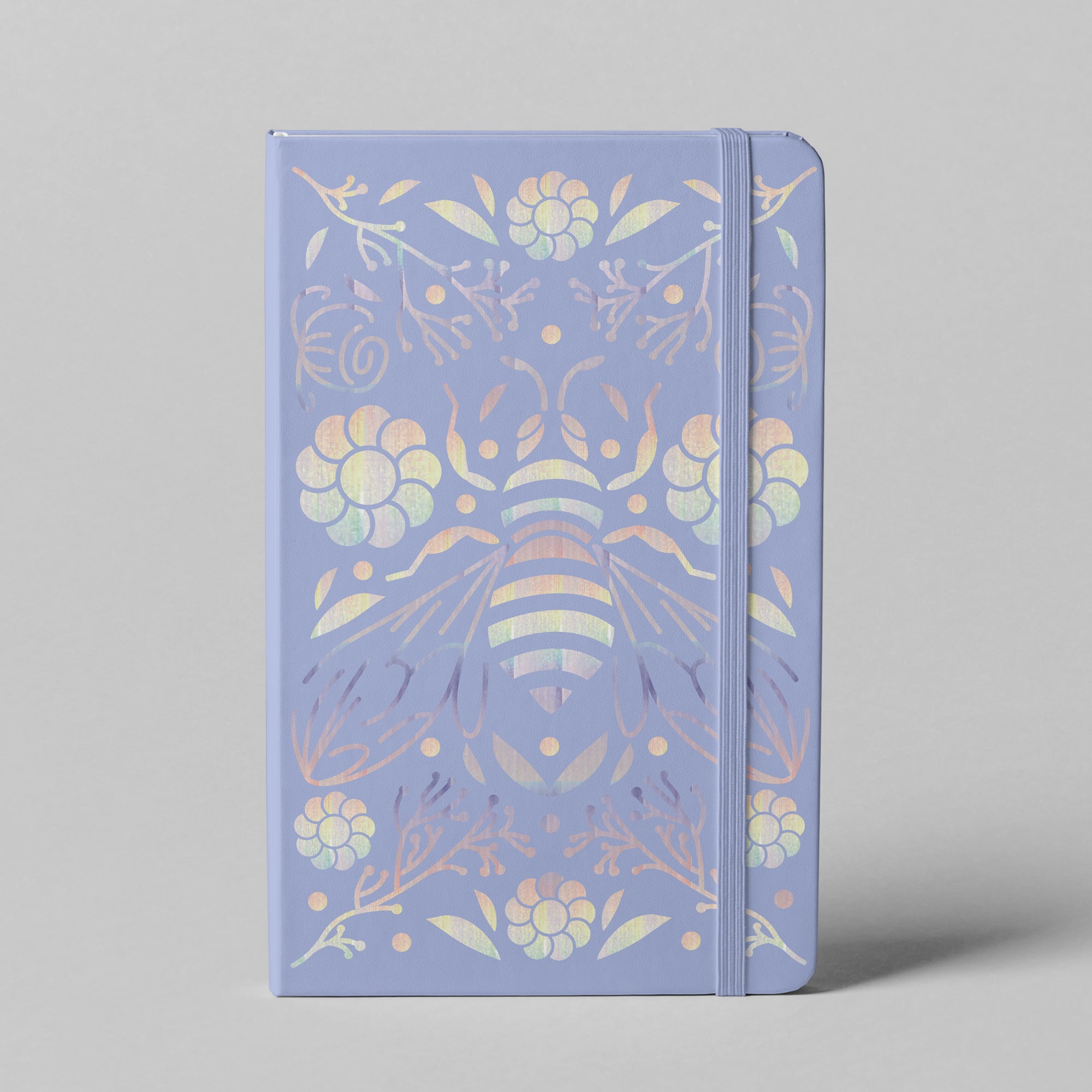 Purple bee holographic hardcover notebook with botanical design