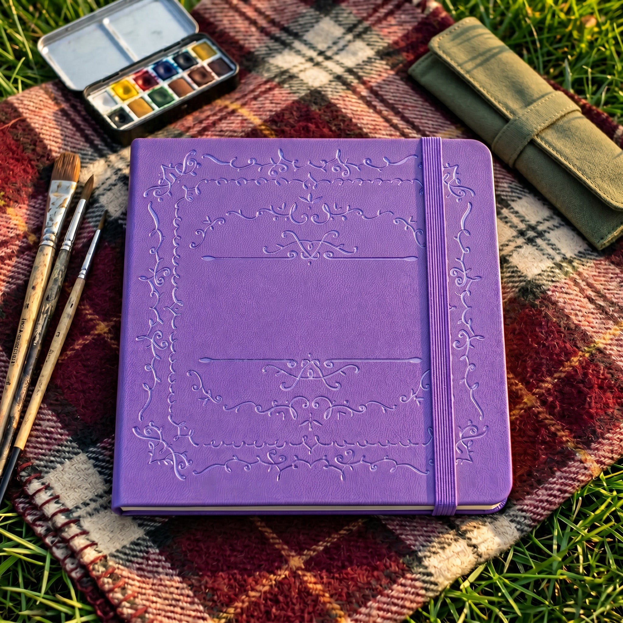 Purple dot grid notebook styled in a creative stationery flat lay