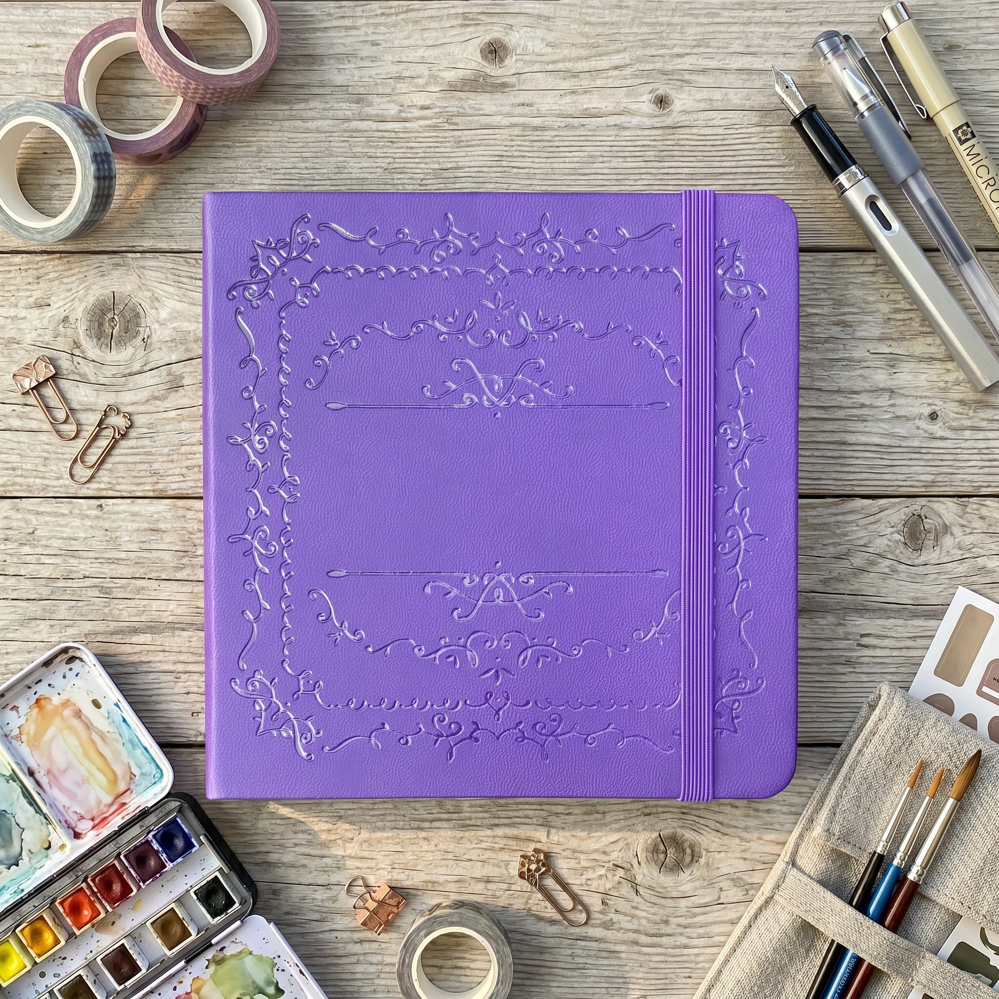 BUKE purple square dot grid notebook with embossed vintage frame cover