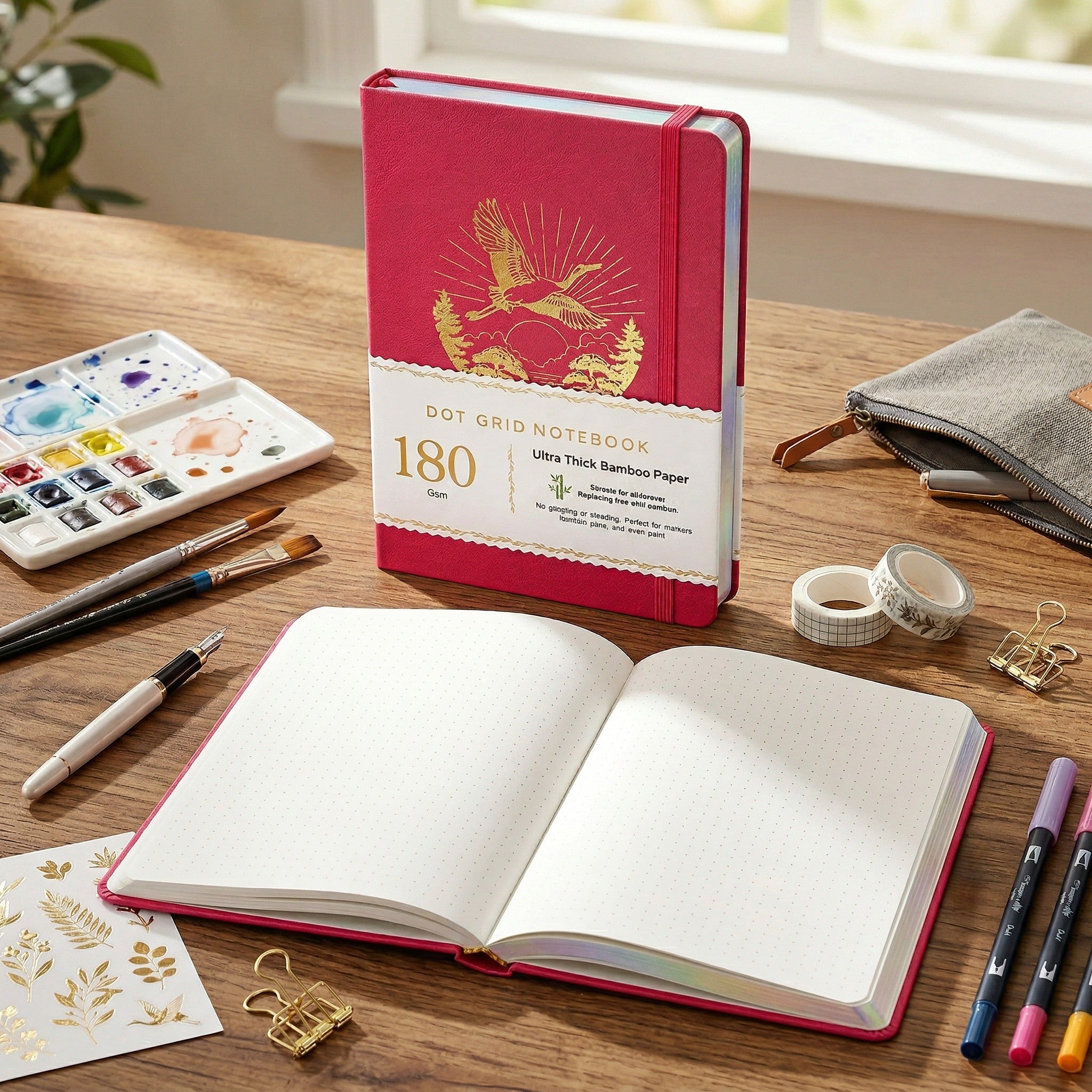 BUKE red A5 dot grid notebook with gold foil flying crane cover design