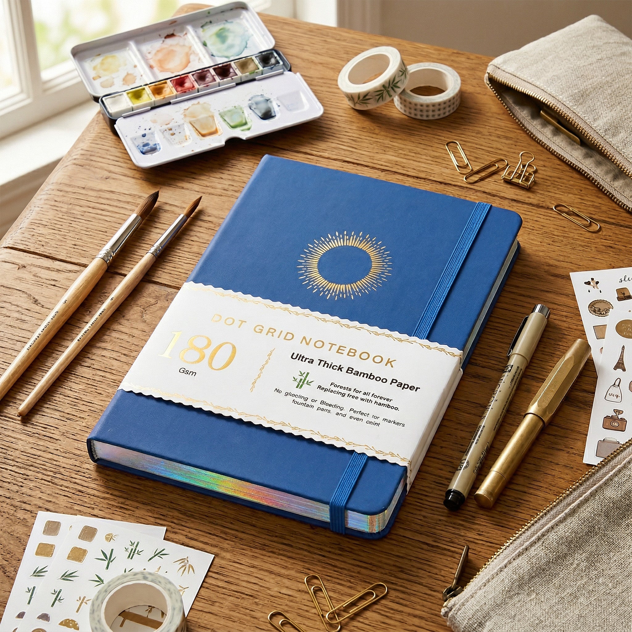BUKE royal blue A5 dot grid notebook with sunburst foil cover design