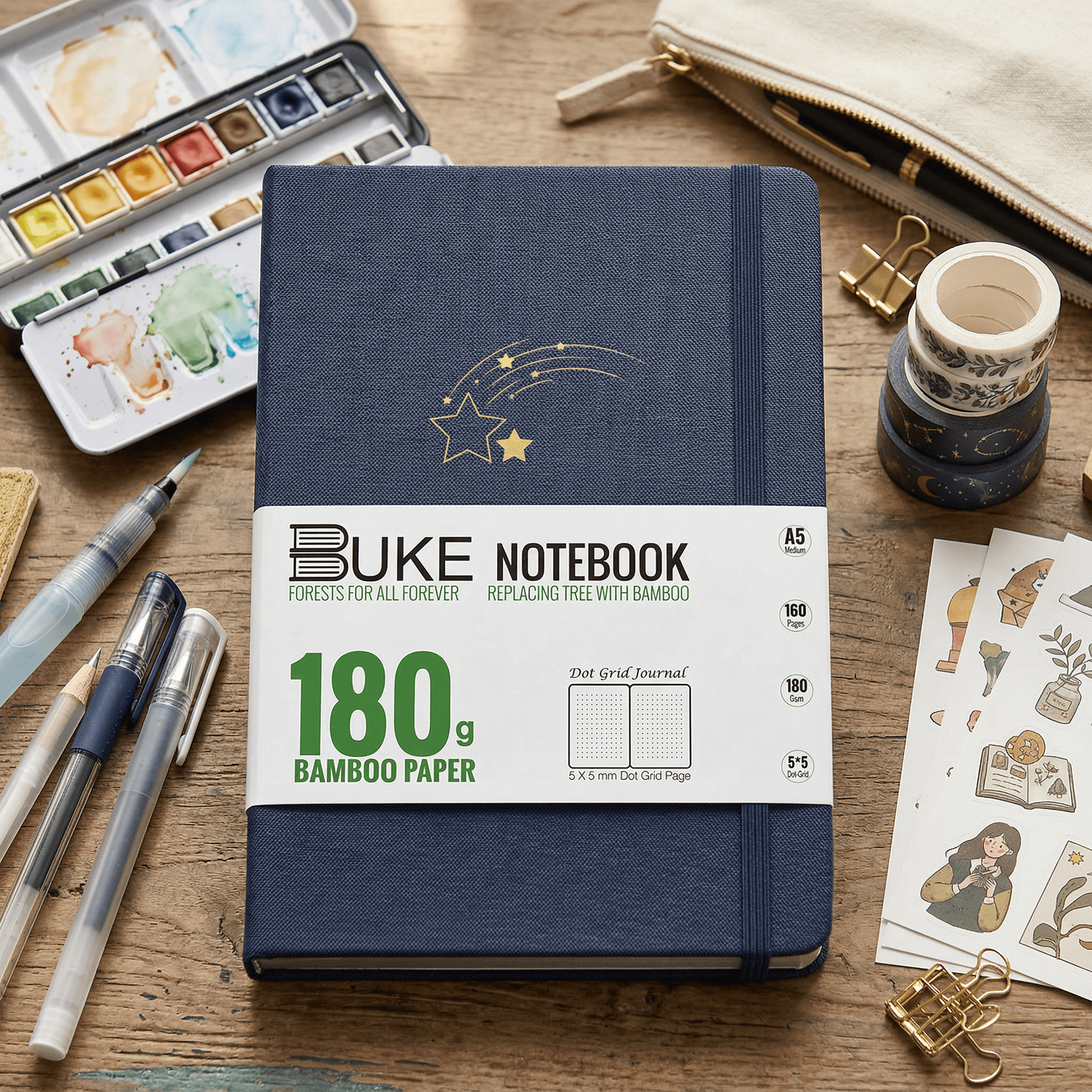 BUKE navy blue fabric dot grid notebook with gold shooting star logo