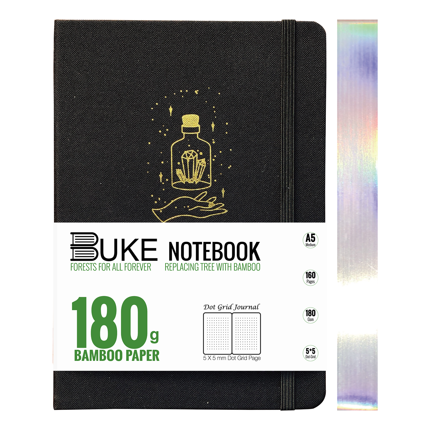 Black writing notebook with gold crystal bottle logo and laser silver edge