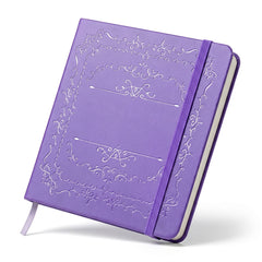 Purple square journal with blank center label panel and elegant border embossing